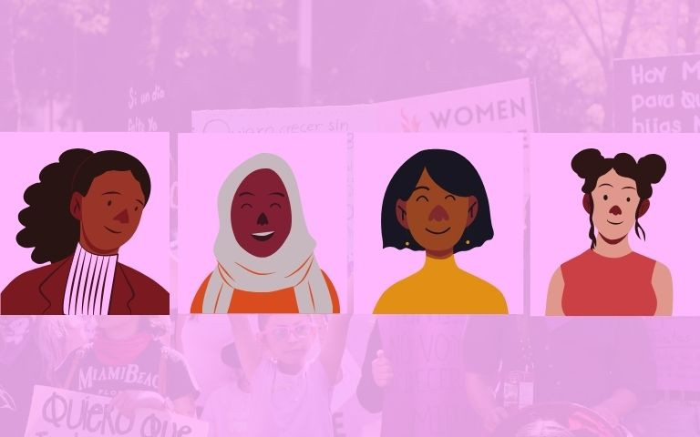 Femmes sur fond d'une manifestation, filtre violet